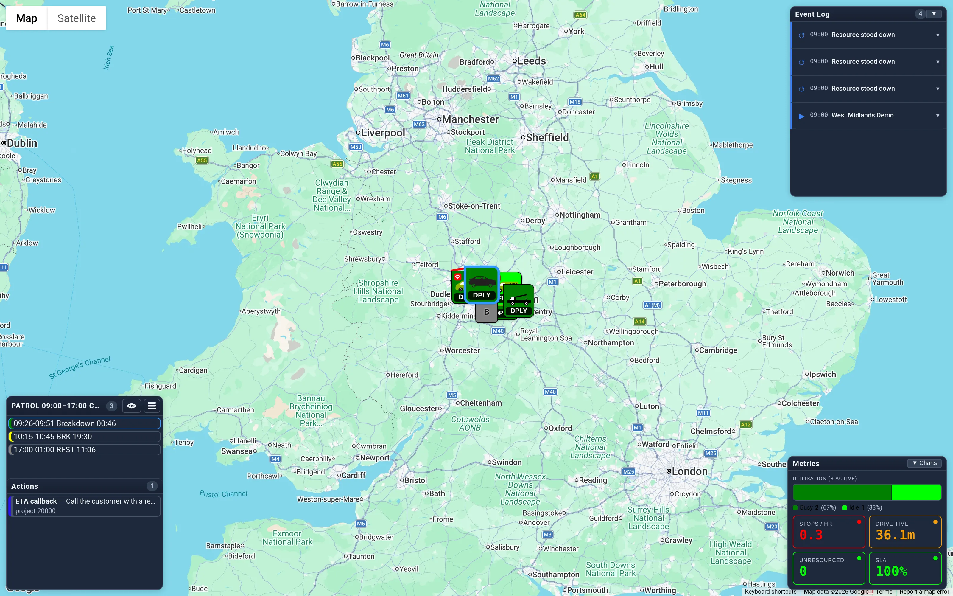 The action-led view (HRA demo): the dispatch panel minimised to the Actions queue and the selected resource's plan, floating over the live map. The queue is ordered hottest-first — each bar's colour is its urgency temperature.