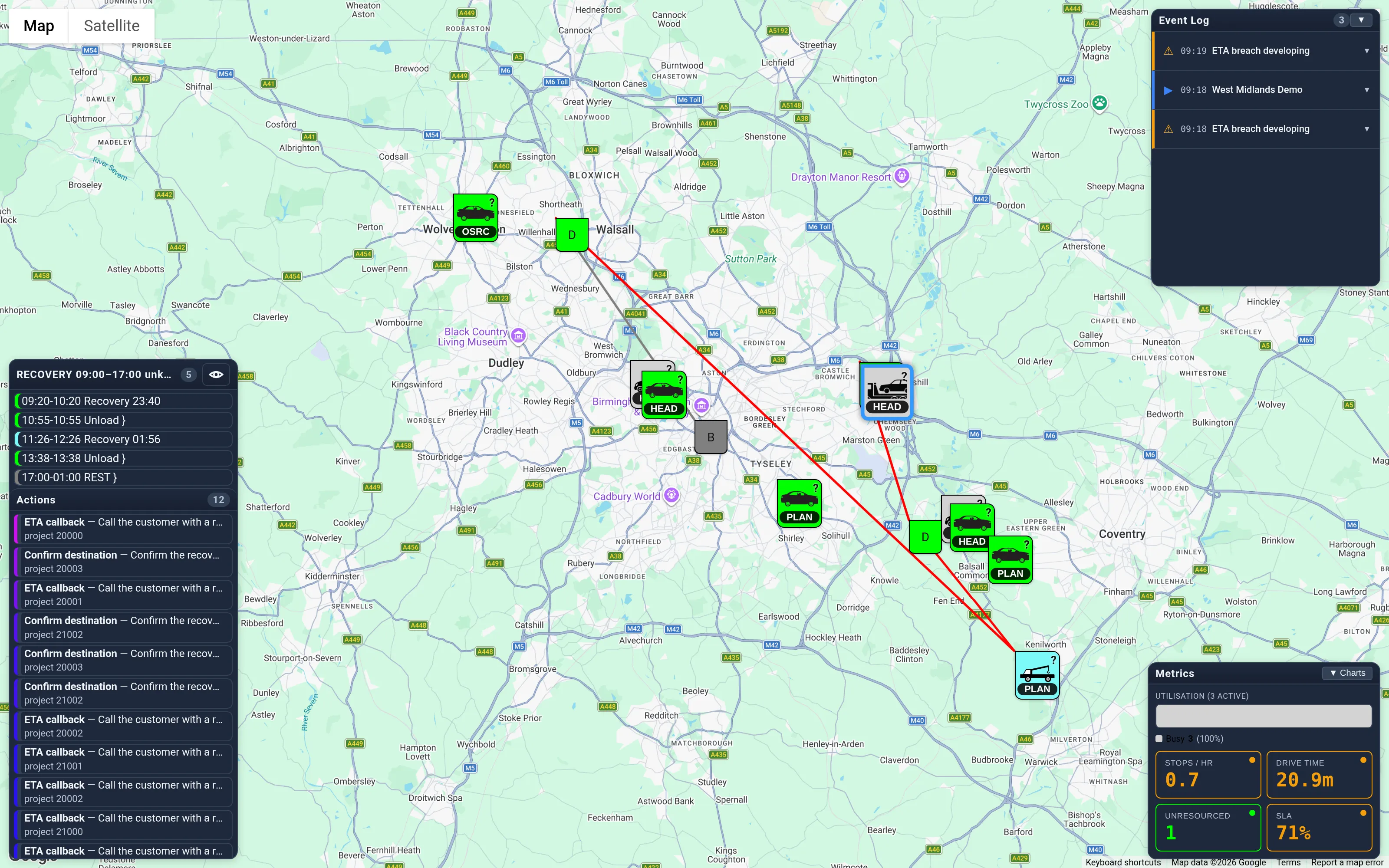 The action-led view (HRA demo): the dispatch panel minimised to the Actions queue and the selected resource's plan, floating over the live map. The queue is ordered hottest-first — each bar's colour is its urgency temperature.