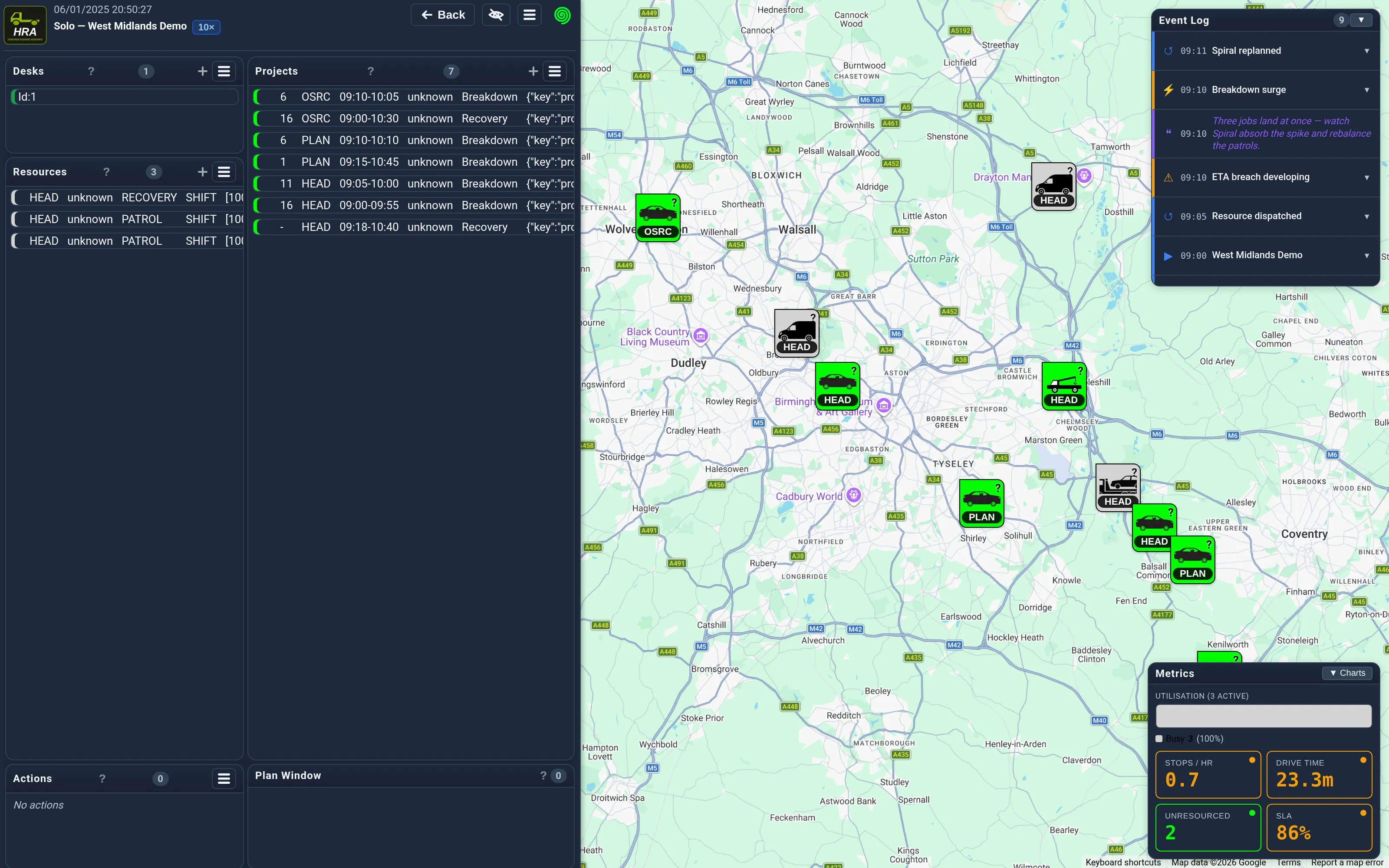 The dispatch screen — the HRA demo running the West Midlands scenario (dark theme, modern panels): desks, resources and work lists beside the live map, with the Event Log and Metrics panels floating over it.