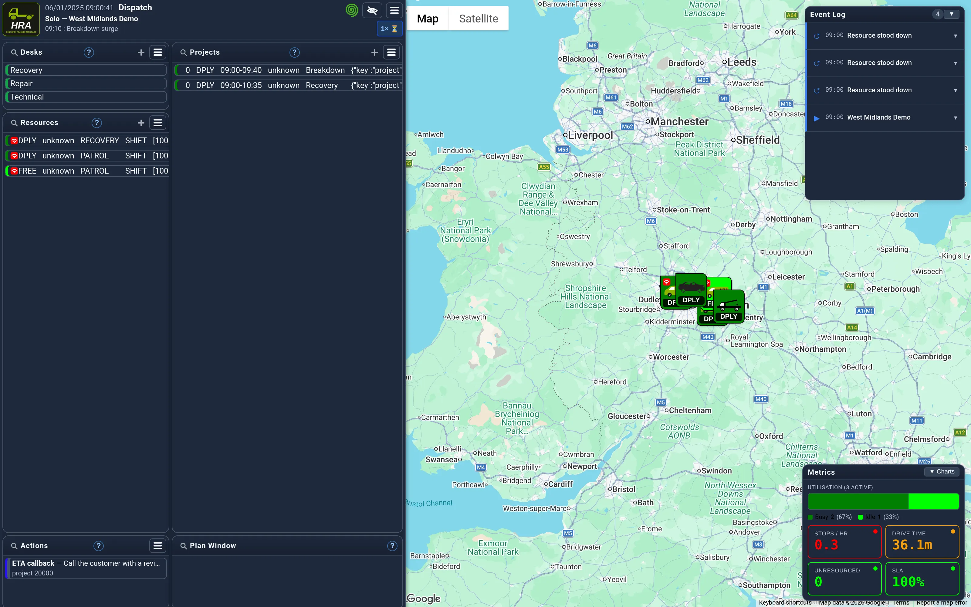The dispatch screen running the West Midlands scenario.