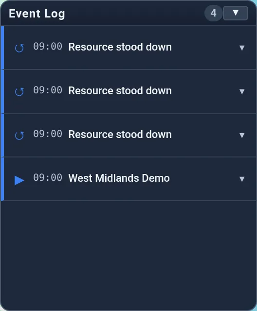 The Event Log during the West Midlands demo — a breakdown surge lands, the scripted commentary explains what to watch, and Spiral's replan follows.