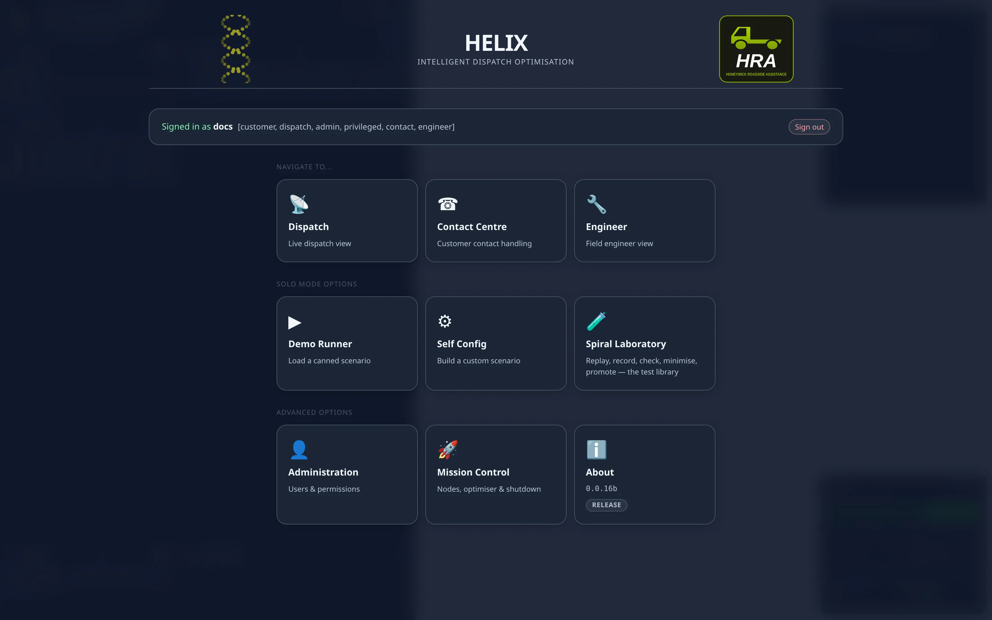 The landing screen — the operator's entry point with the Demo Runner option.
