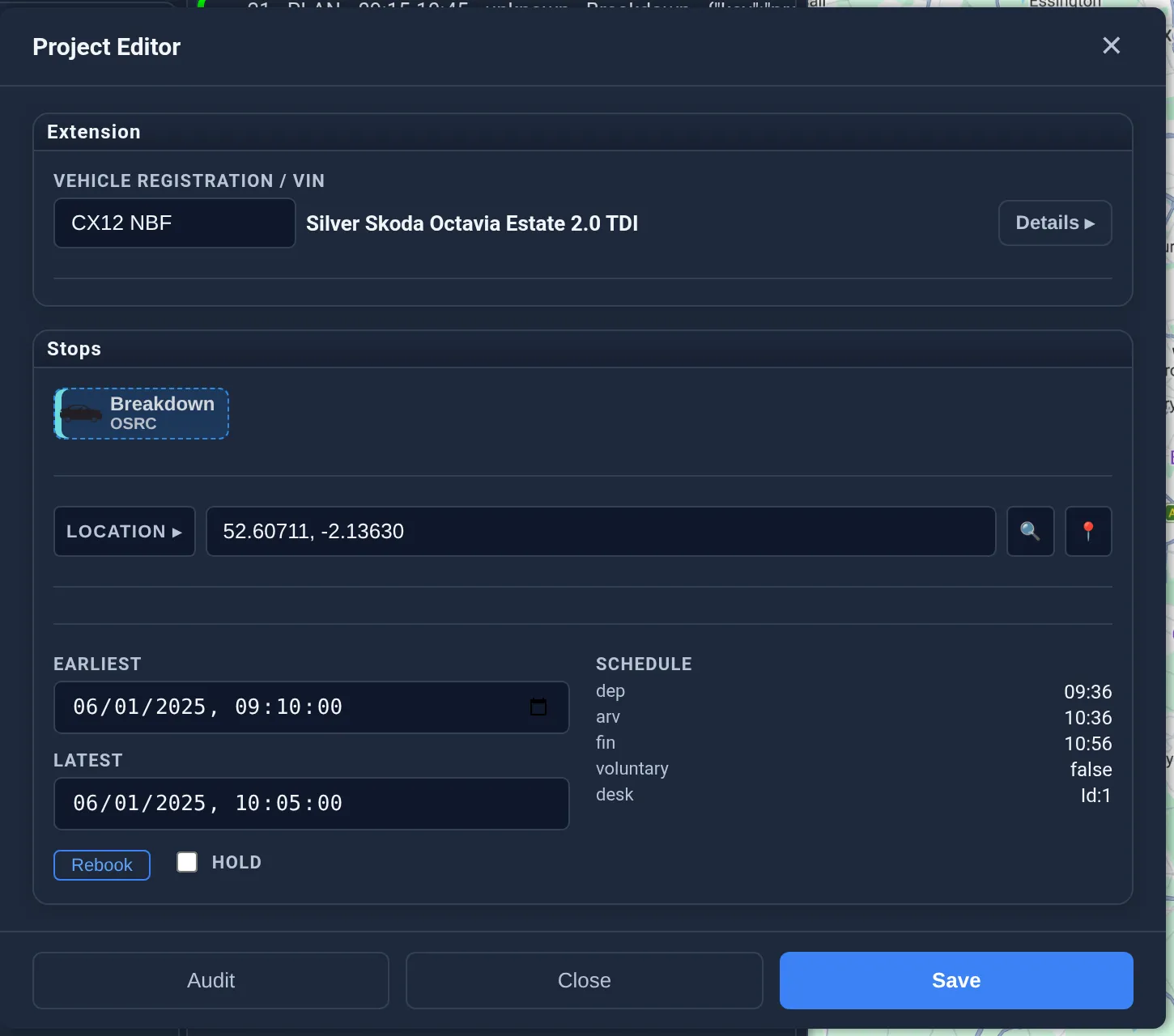 The project editor (HRA demo) — the client's vehicle extension at the top, the stop hierarchy, and the time window beside the live schedule: the requirement on the left, Spiral's answer on the right.