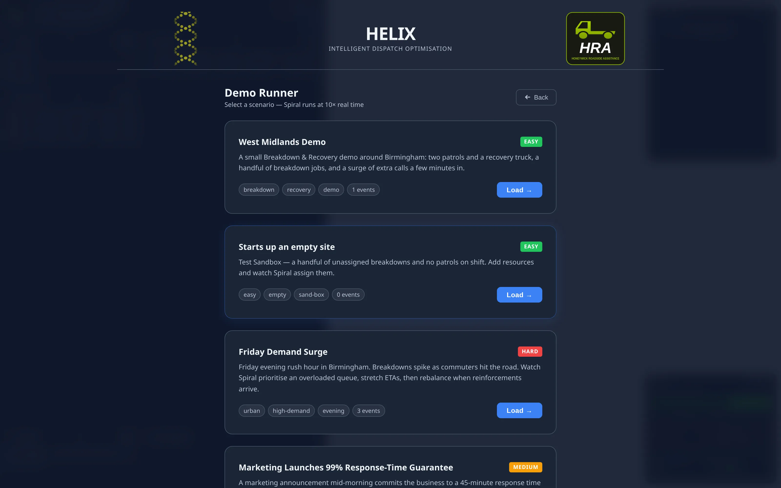 The Demo Runner — scenario cards with difficulty, tags and event counts.