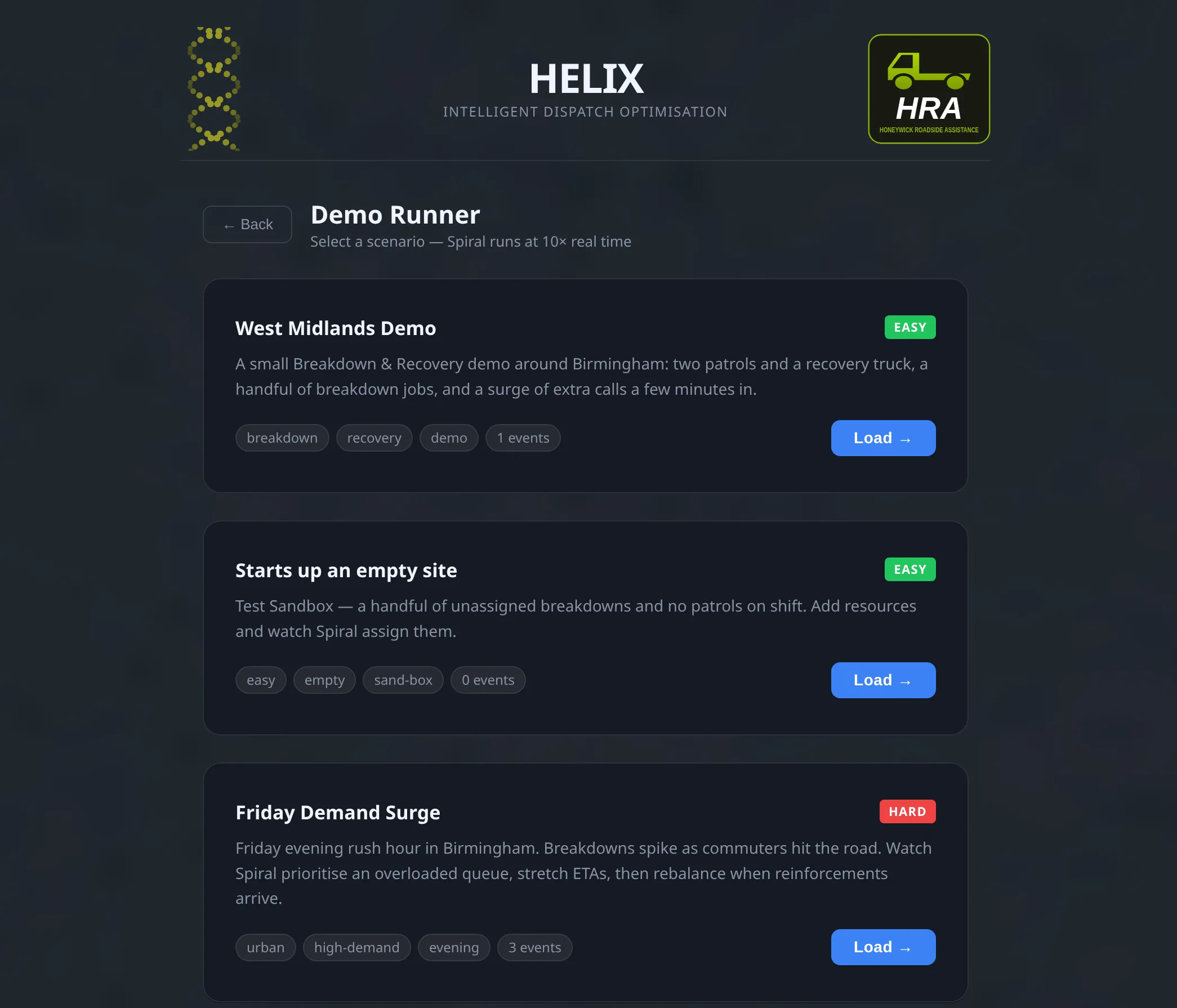 The Demo Runner — scenario cards with difficulty, tags and event counts.